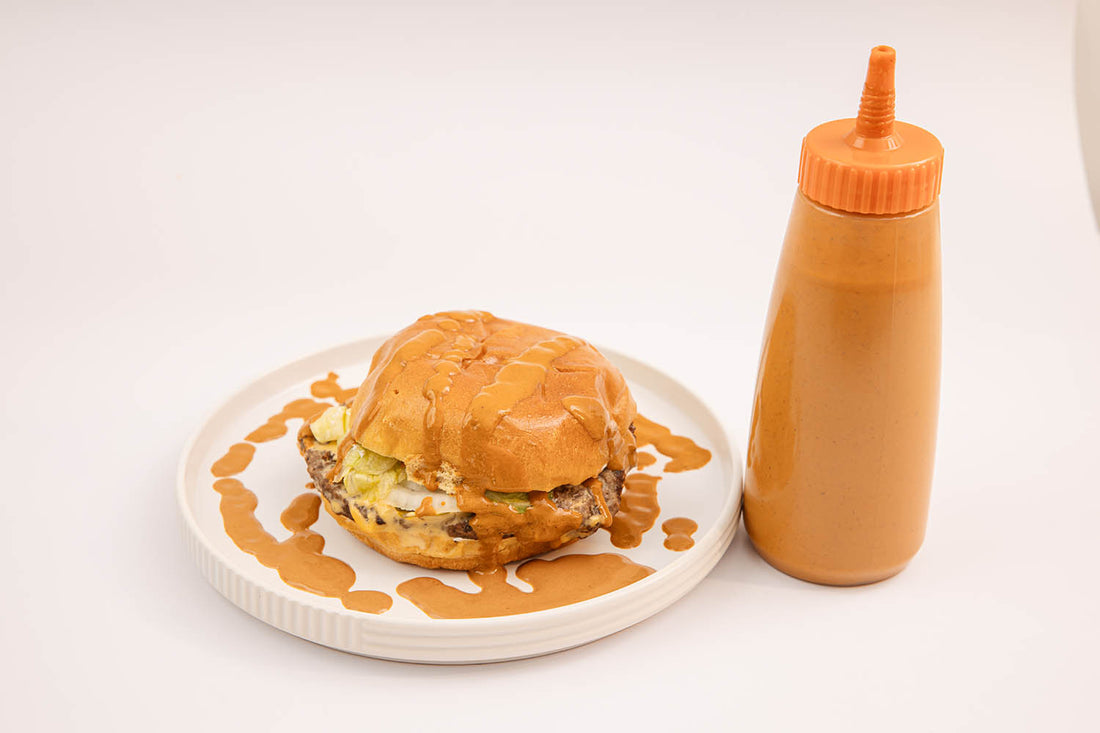 Hamburger topped with Mole Creamy Dressing Amá